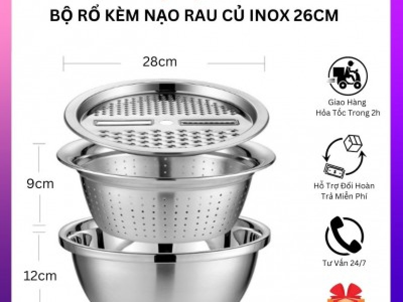 Bộ rổ kèm nạo rau củ inox 26cm